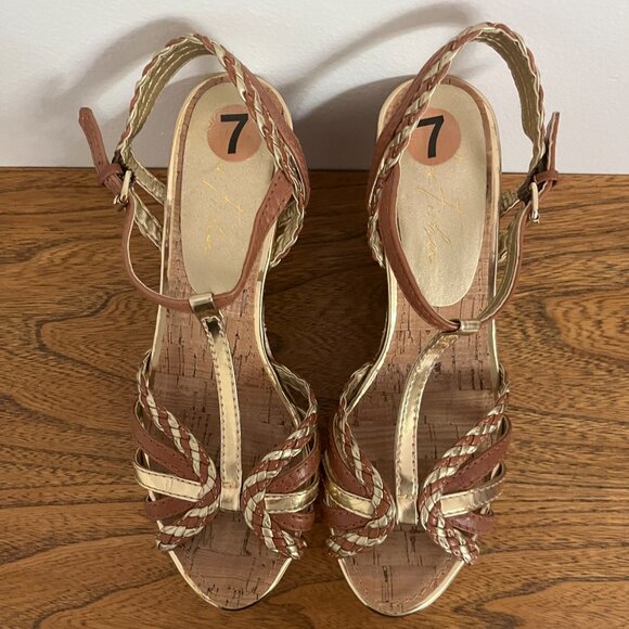Marc Fisher Gold and Tan Summer Wedge Heels - Picture 3 of 5